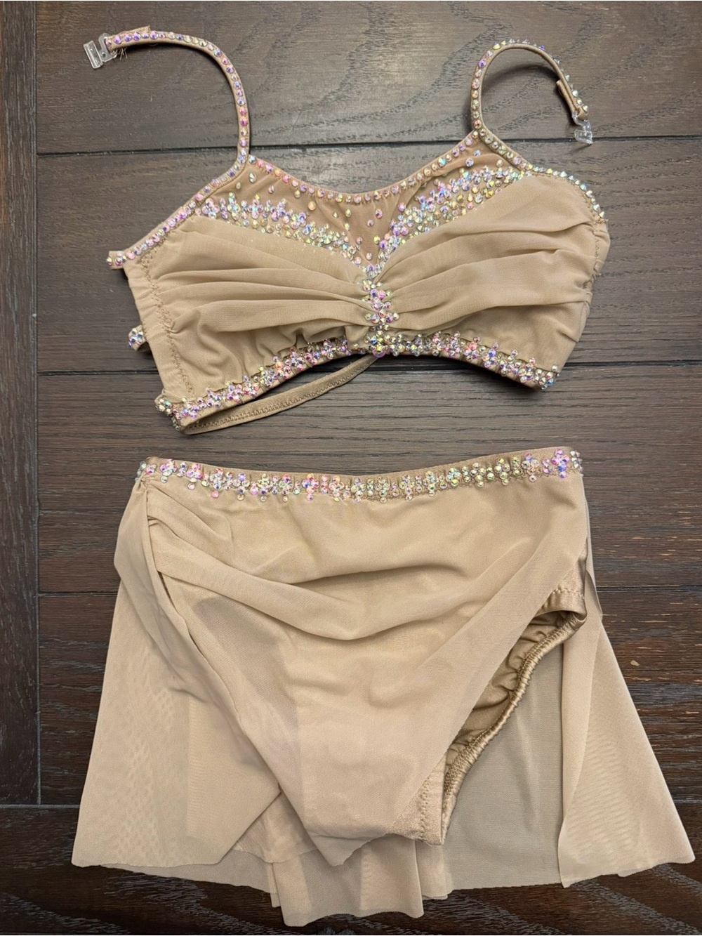 Beige Rhinestone Two-Piece Dance Top & Skirt Set